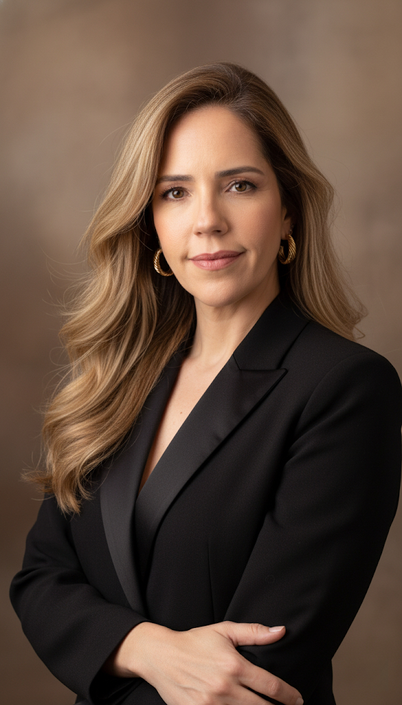Retrato ultrarrealista de mulher em blazer preto com cabelo longo e esvoaçante, expressão confiante em fundo neutro.
