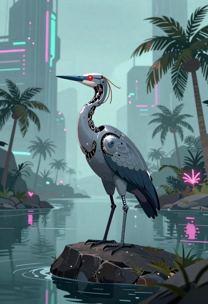 Digital Illustration Futuristic Biomechanical Bird Standing Dark Rock Calm Water reference photo