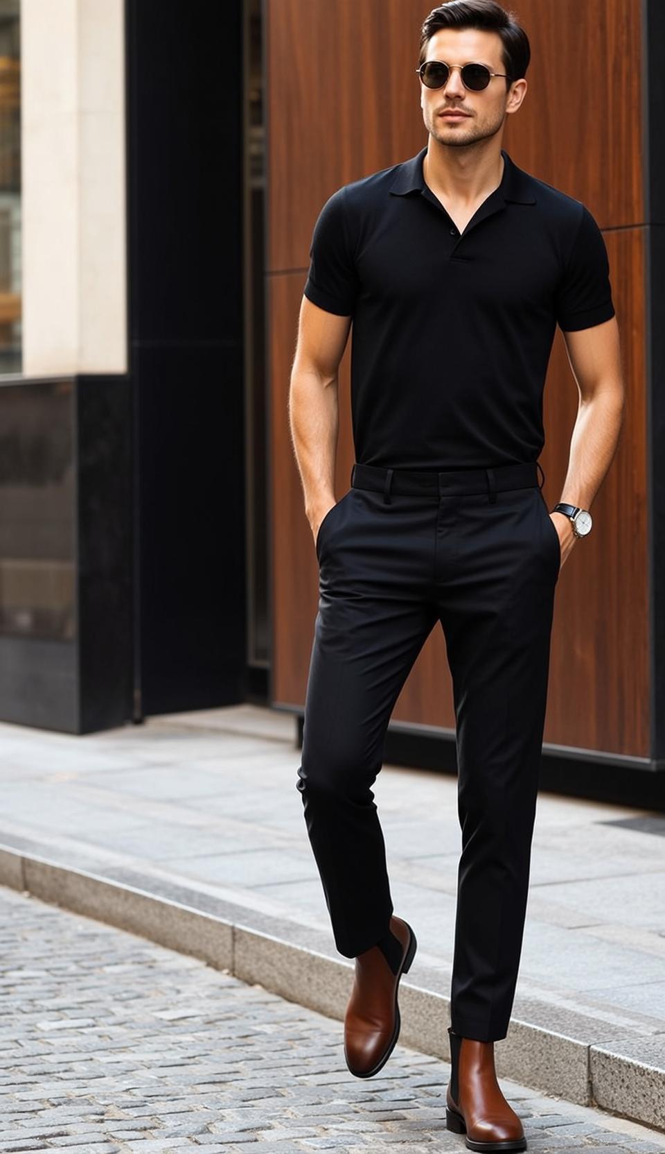 Dark Short Styled Light Tanned Black Short-sleeved