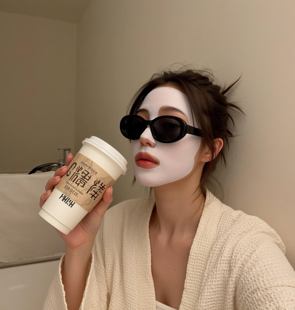 Coffee Cup Bathroom Robe Pose