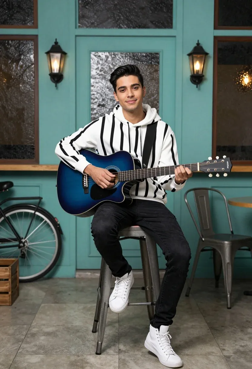 Man Sits Casually Stool While Holding Blue Acoustic Guitar Front
