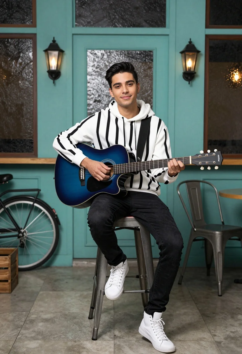 A man sits casually on a stool holding a blue acoustic guitar in front of a teal-colored storefront, with soft studio lighting.