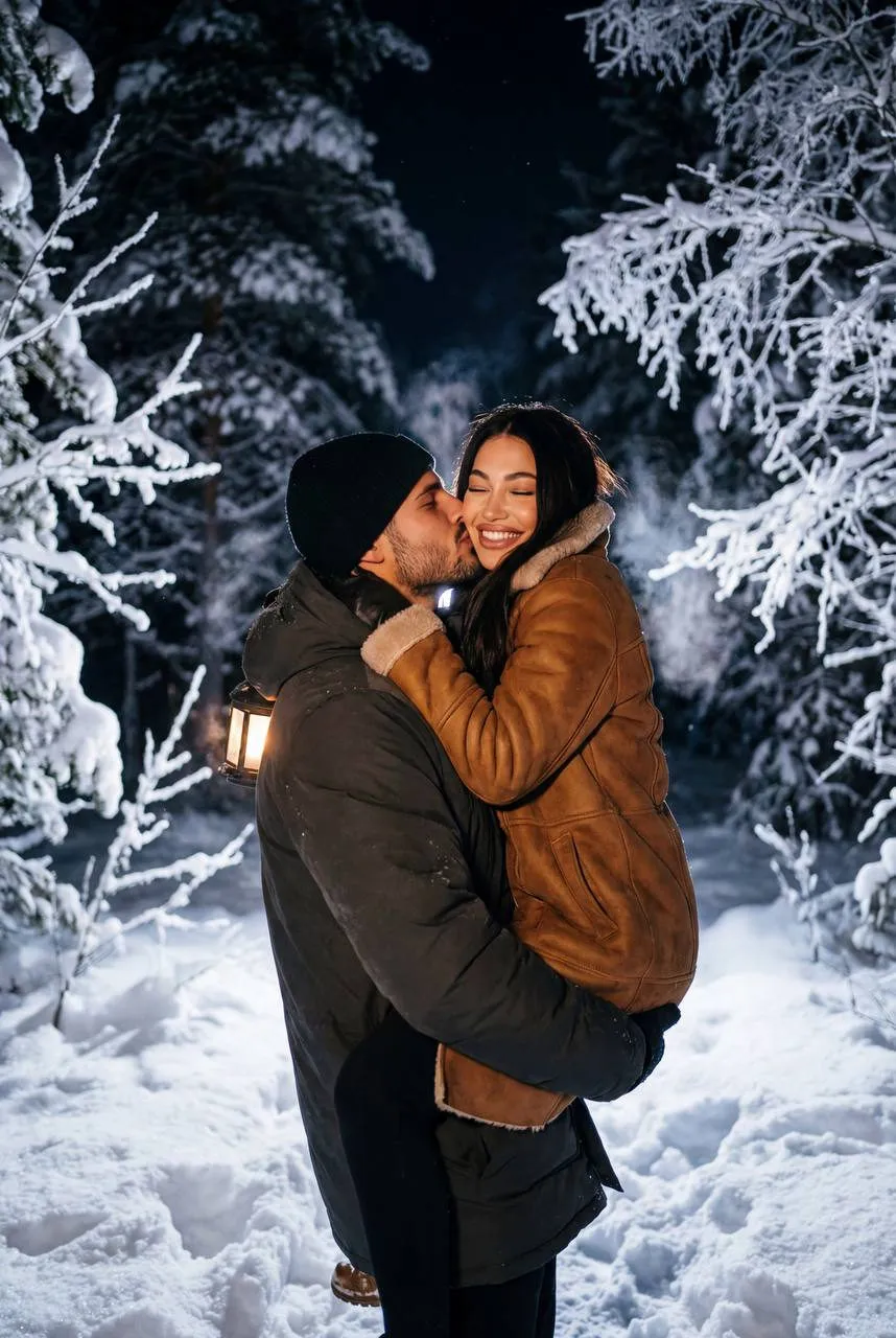 Snowy Winter Couple Kiss