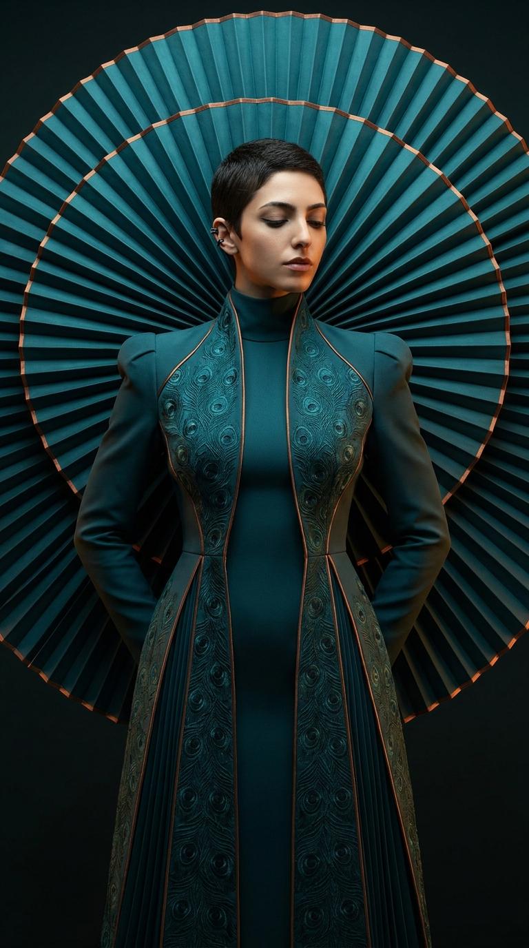 Ceremonial Portrait Teal Fan Installation Couture Editorial