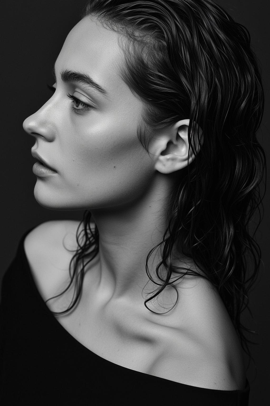 Photorealistic Black And White Medium Shot Portrait Young Woman Profile