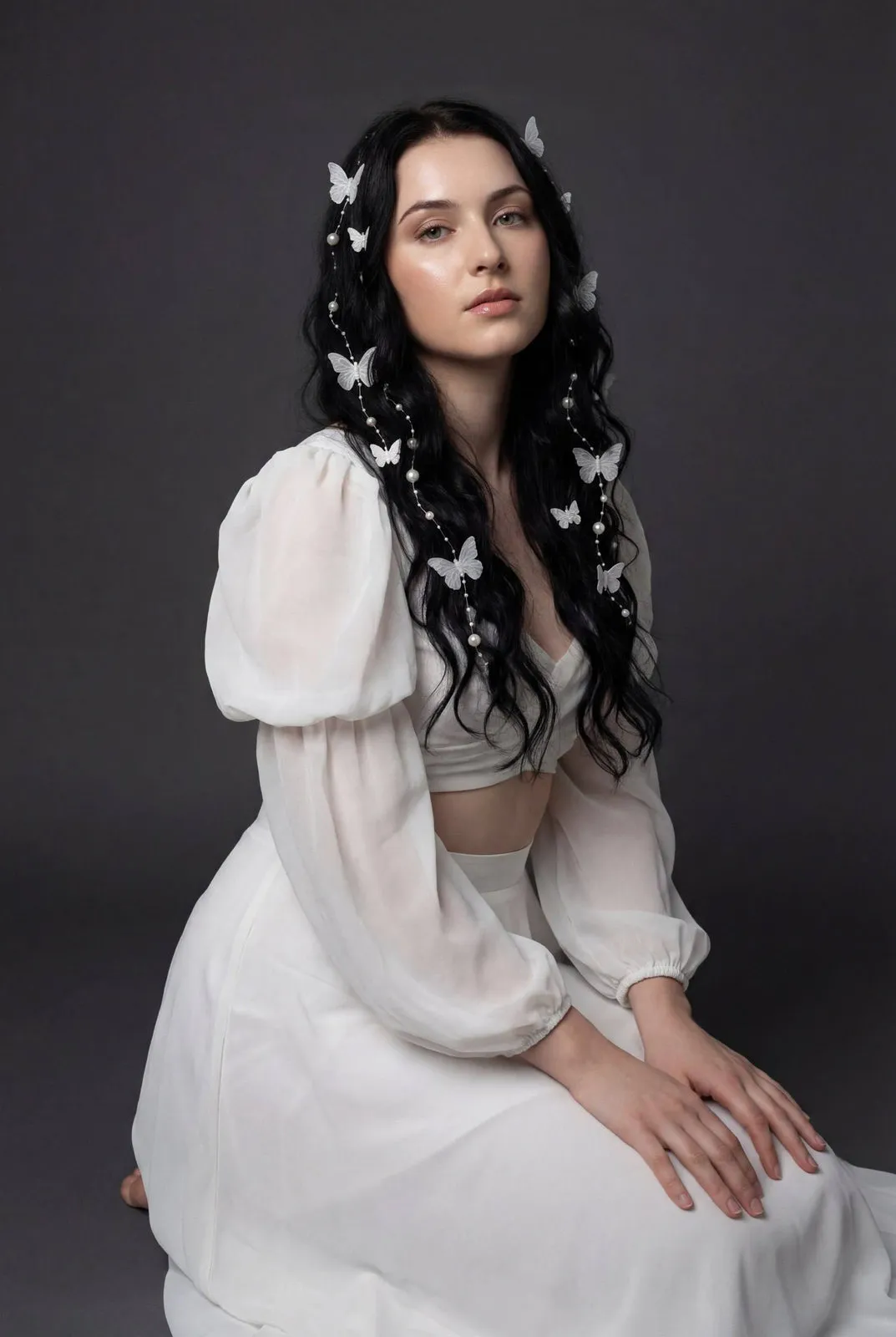 Woman Kneeling Gray Studio Ethereal Elegance