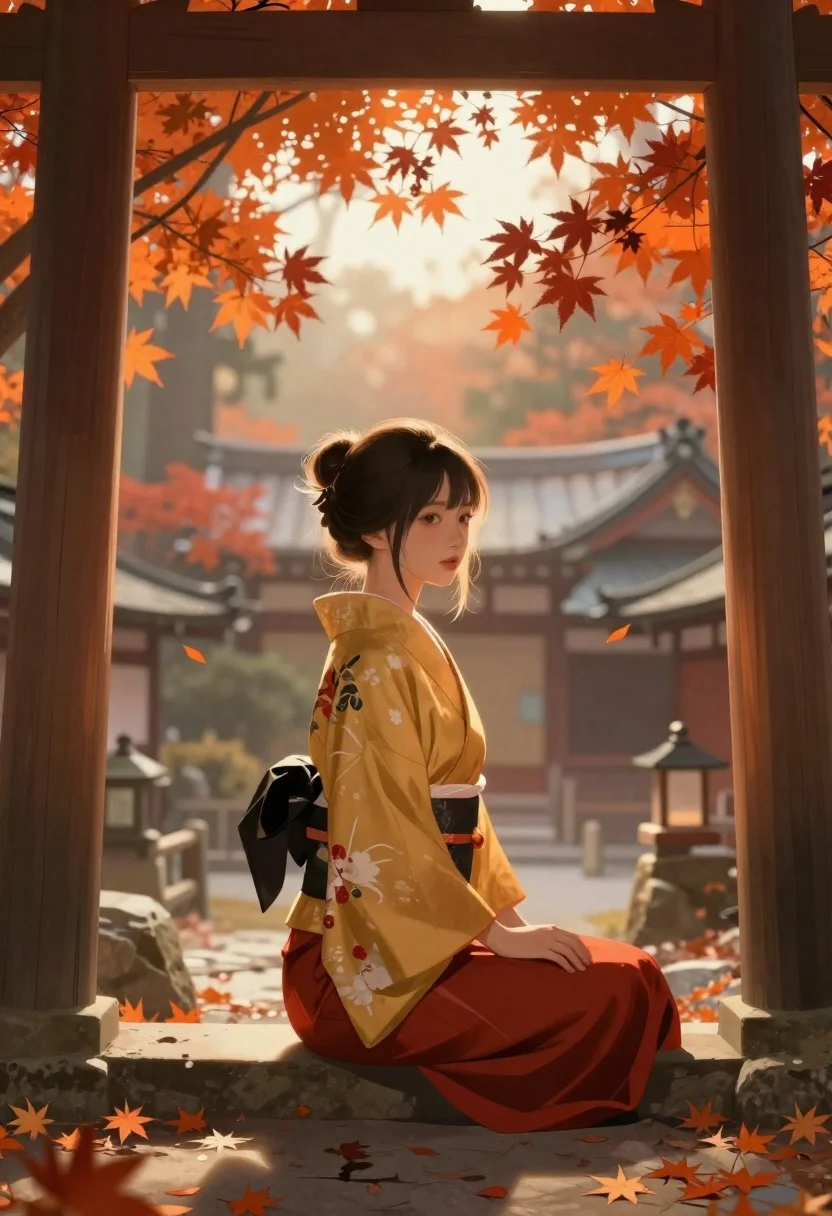 Digital Illustration Young Woman Seated Profile Beneath Autumnal Torii Gate reference photo