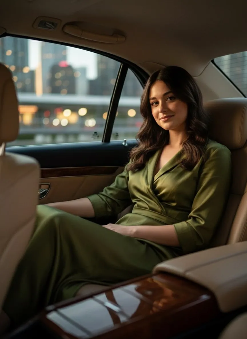 Deep Olive Silk Gown Luxury Car Window Light
