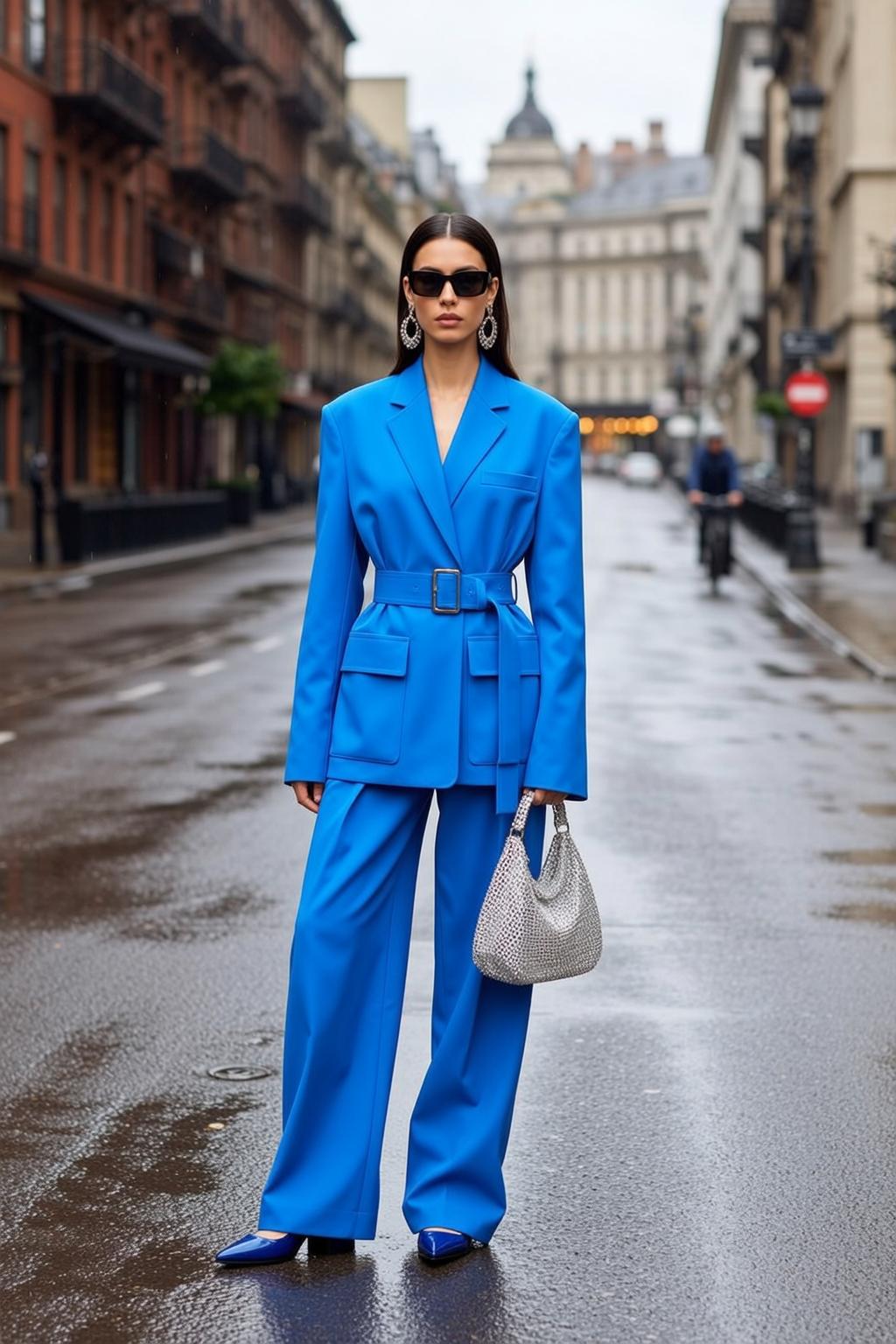 Blue Blazer Wide Leg Pants City Street Wet Asphalt