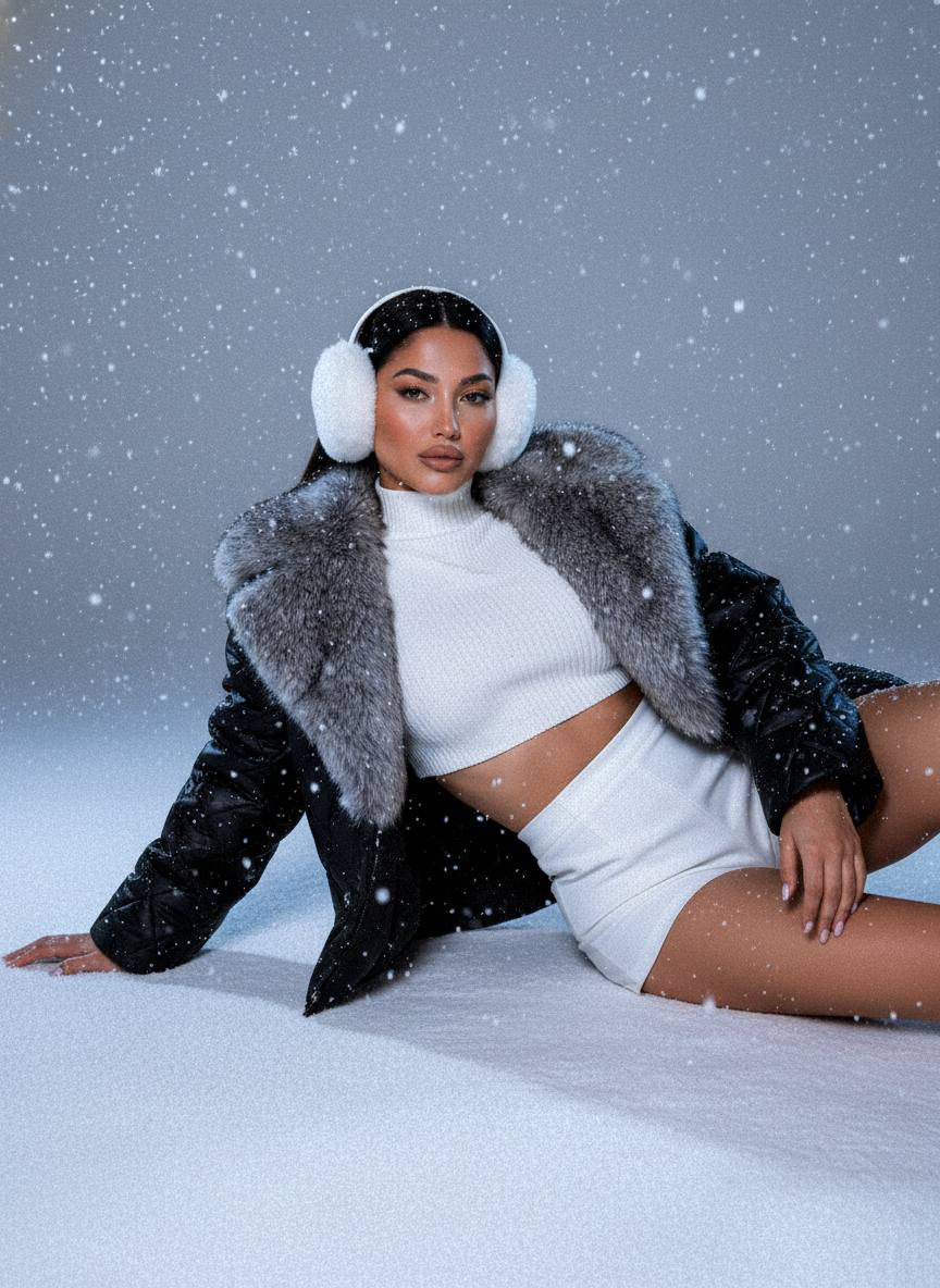 A woman reclined on snow with a faux-fur coat, capturing a winter fashion aesthetic.