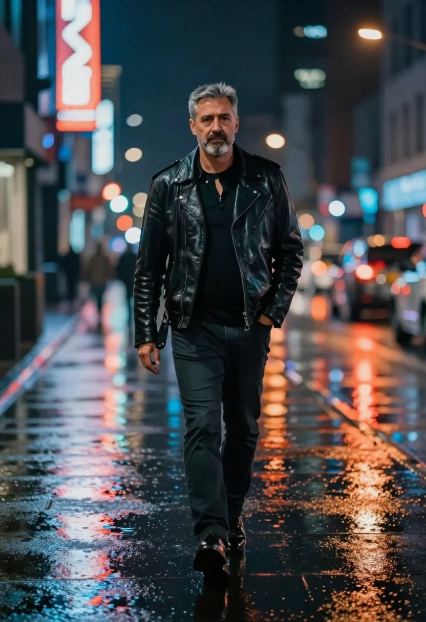Cinematic Shot Man Walking Alone Down Rain-slicked City Street Night reference photo