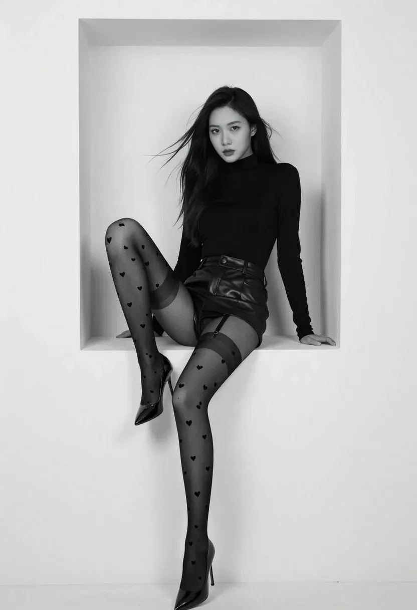Black And White Studio Portrait Woman Posing Inside Minimalist Recessed