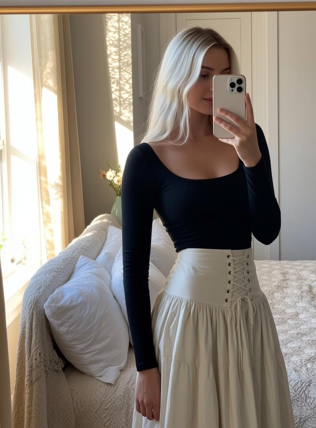 Black Top Tiered Skirt Selfie
