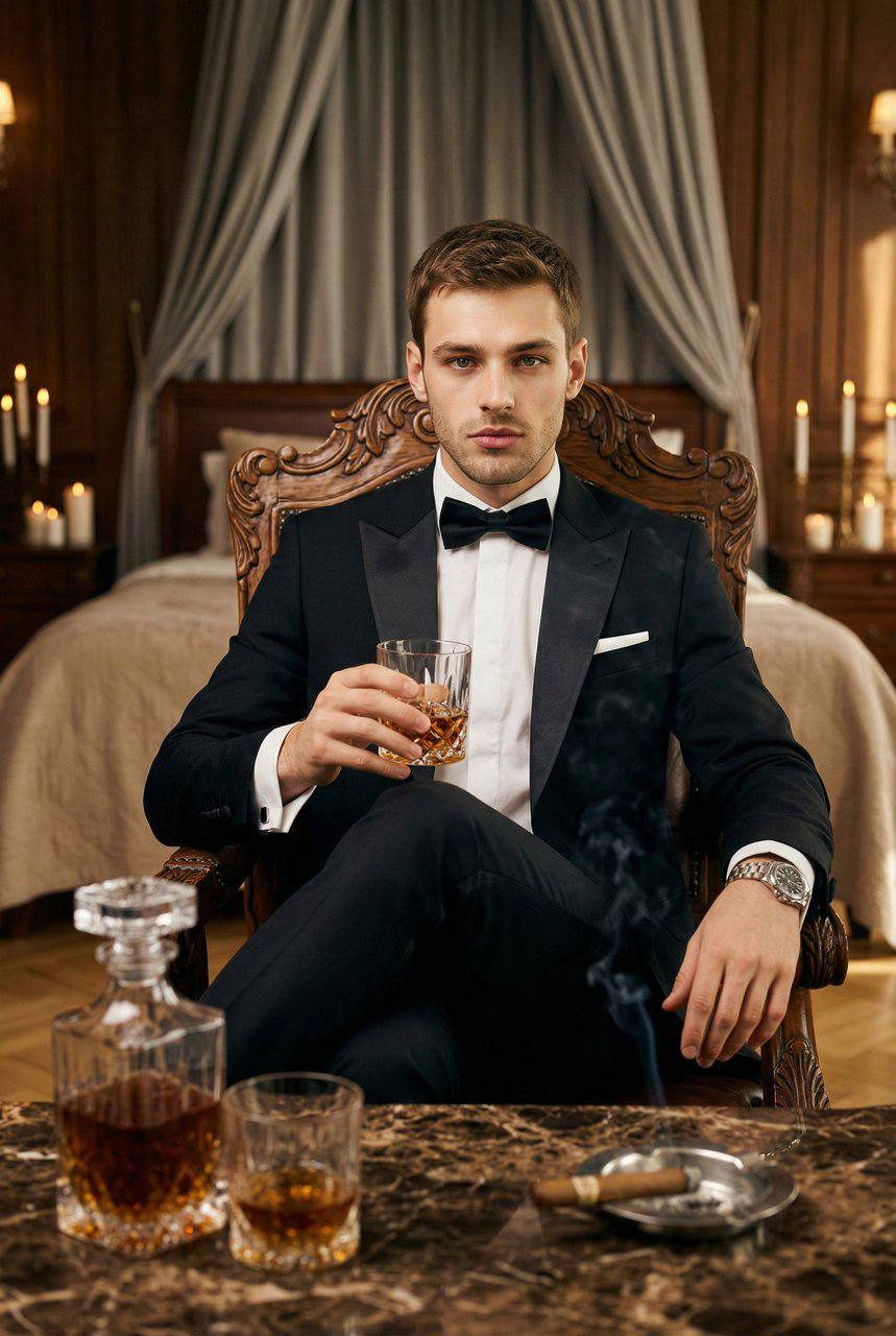 A man in a classic black tuxedo seated in a grand chair, holding an amber drink with a stylish backdrop.
