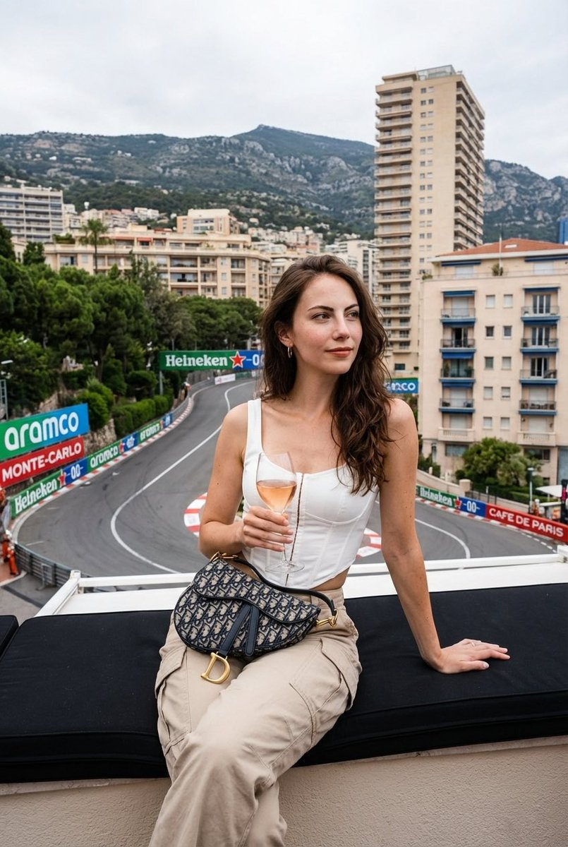 Young woman with wavy hair sitting on a ledge, holding a glass of rosé, overlooking Monaco's Grand Prix.