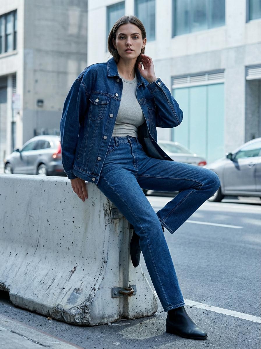 Sits On Concrete Barrier On City Street Body Angled Towards