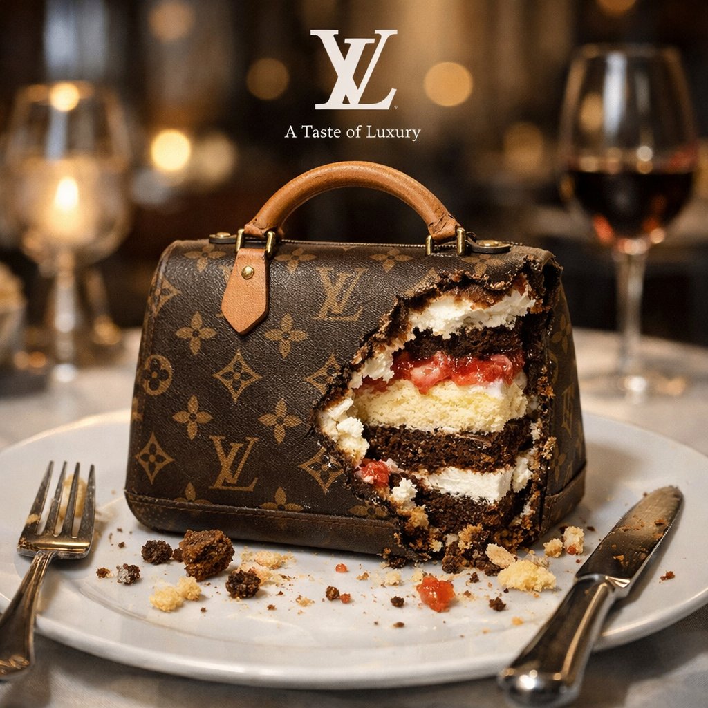 A realistic, bitten dessert showcasing rich inner layers, with cake crumbs scattered, set against a blurred upscale restaurant backdrop.