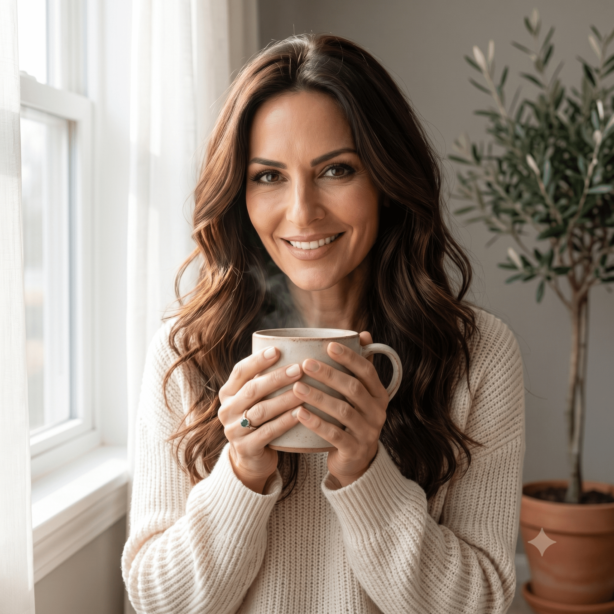 Cream Sweater Warm Smile Window Light Olive Tree