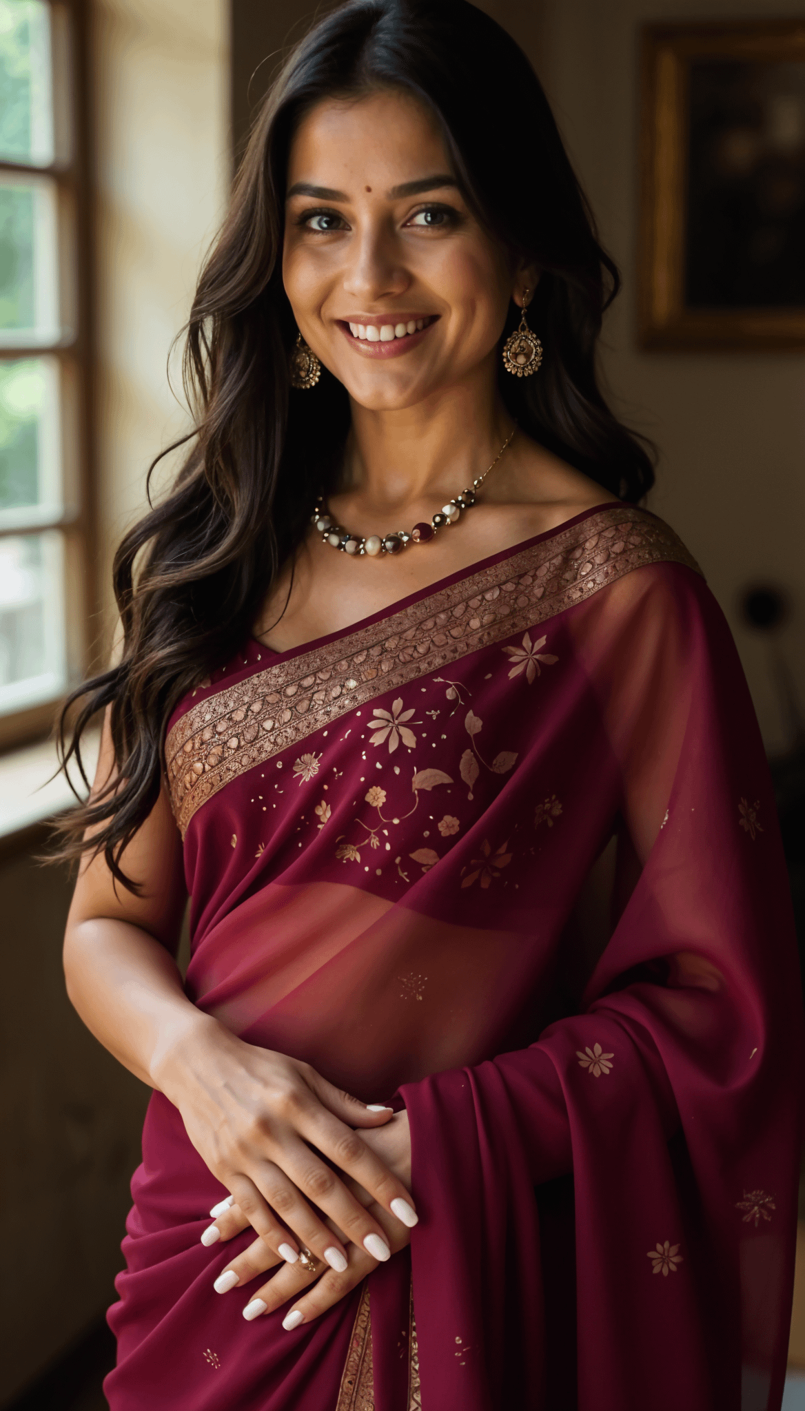 Maroon Chiffon Saree Gold Embroidery Soft Light