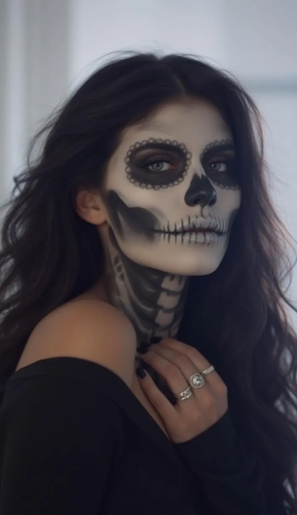 Halloween Makeup Skeleton Paint Long Dark Wavy