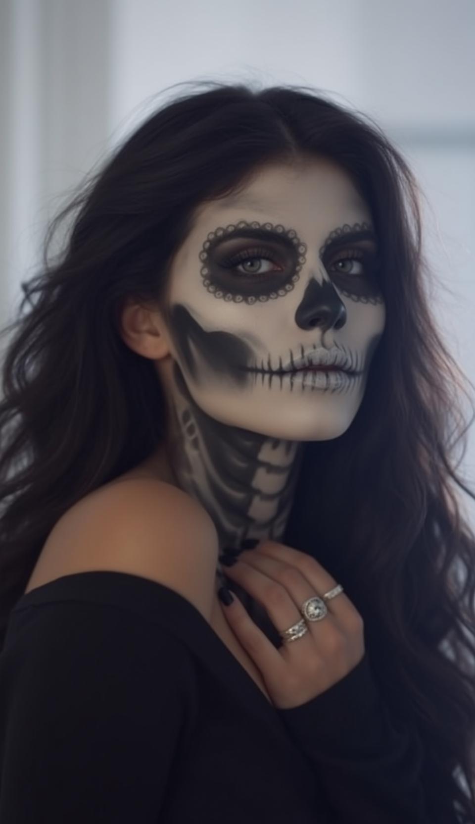 Halloween Makeup Skeleton Paint Long Dark Wavy
