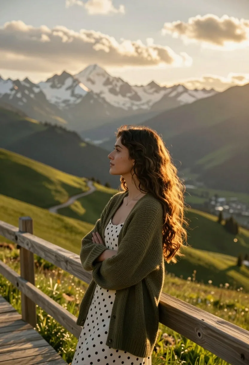 Young Woman With Long Wavy Brown Hair Stands Profile Wooden