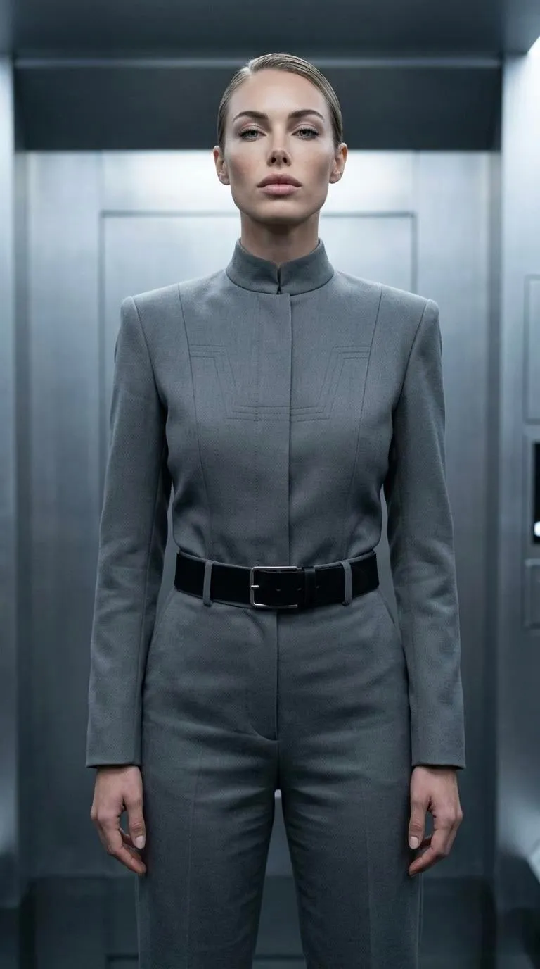 Stands In Three Quarter Inside Futuristic Sterile Elevator With Brushed