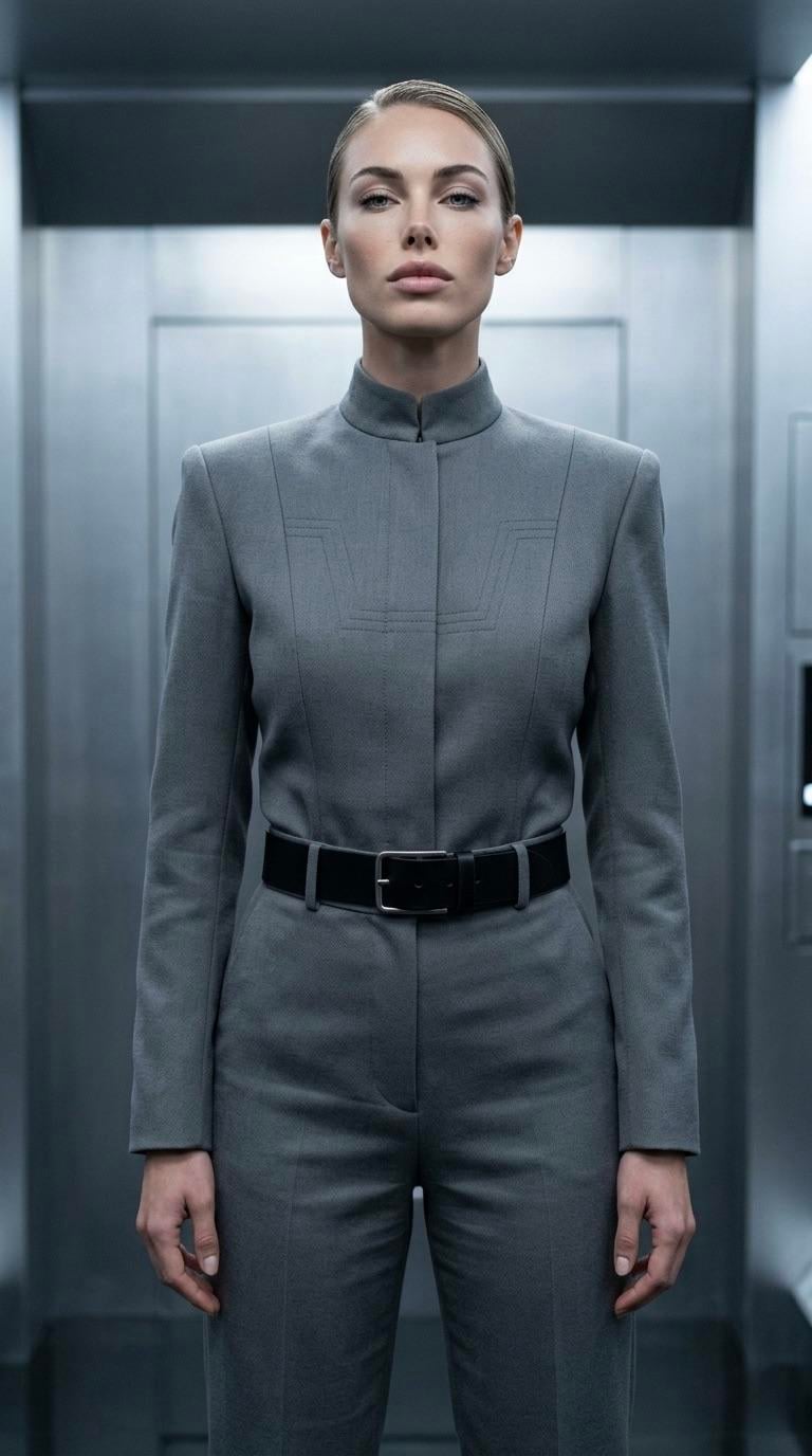 Stands In Three Quarter Inside Futuristic Sterile Elevator With Brushed
