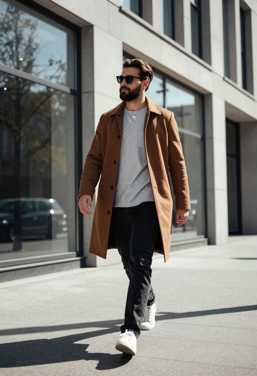 Stylish Man Walking Confidently Urban Setting Subject Man With Beard