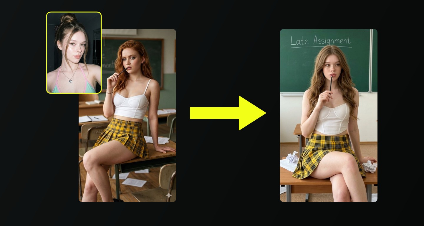 Mila remix walkthrough for Plaid Skirt Bustier Classroom Desk Pencil Pose