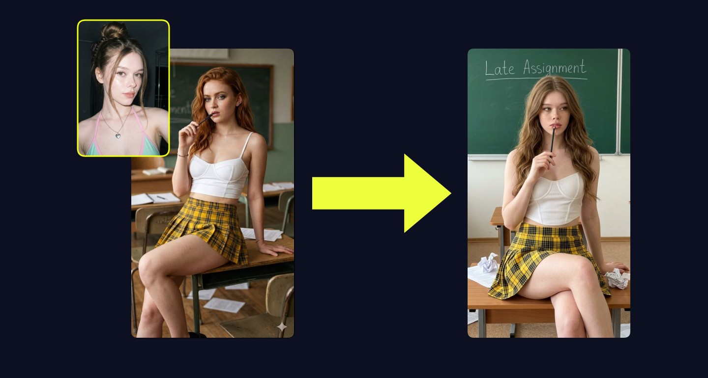 Mila remix walkthrough for Plaid Skirt Bustier Classroom Desk Pencil Pose