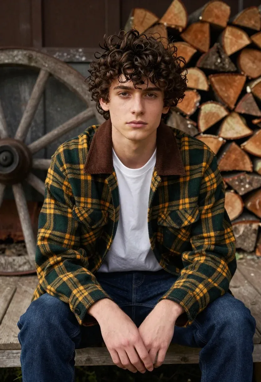 Young Man With Curly Brown Hair Sits Outdoors Rustic Setting