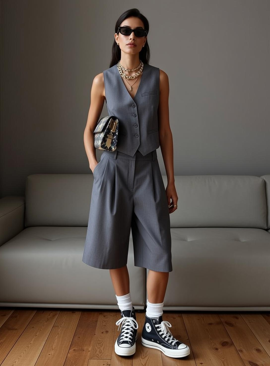 Grey Vest and Wide Leg Shorts Studio