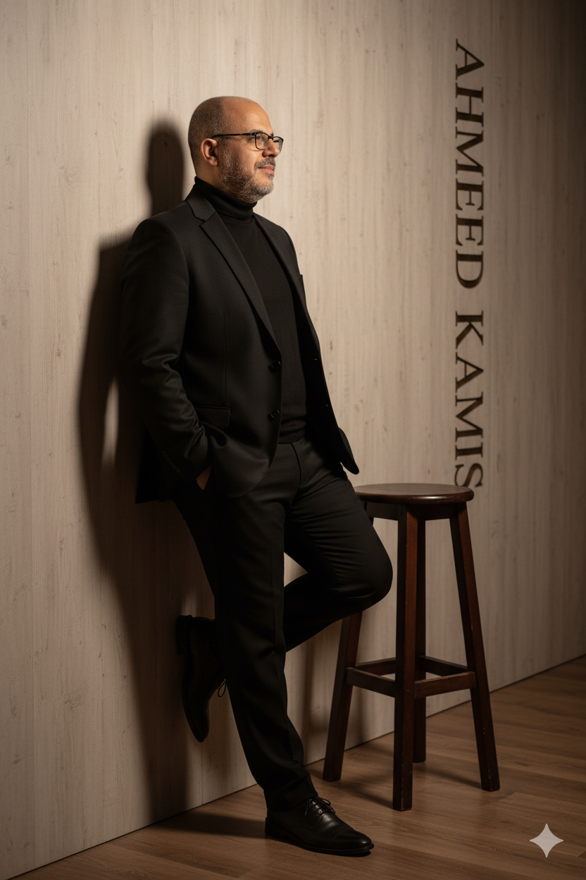 A sharply dressed man in all-black outfit leaning casually against a light wooden wall, with warm cinematic lighting and a tall stool.