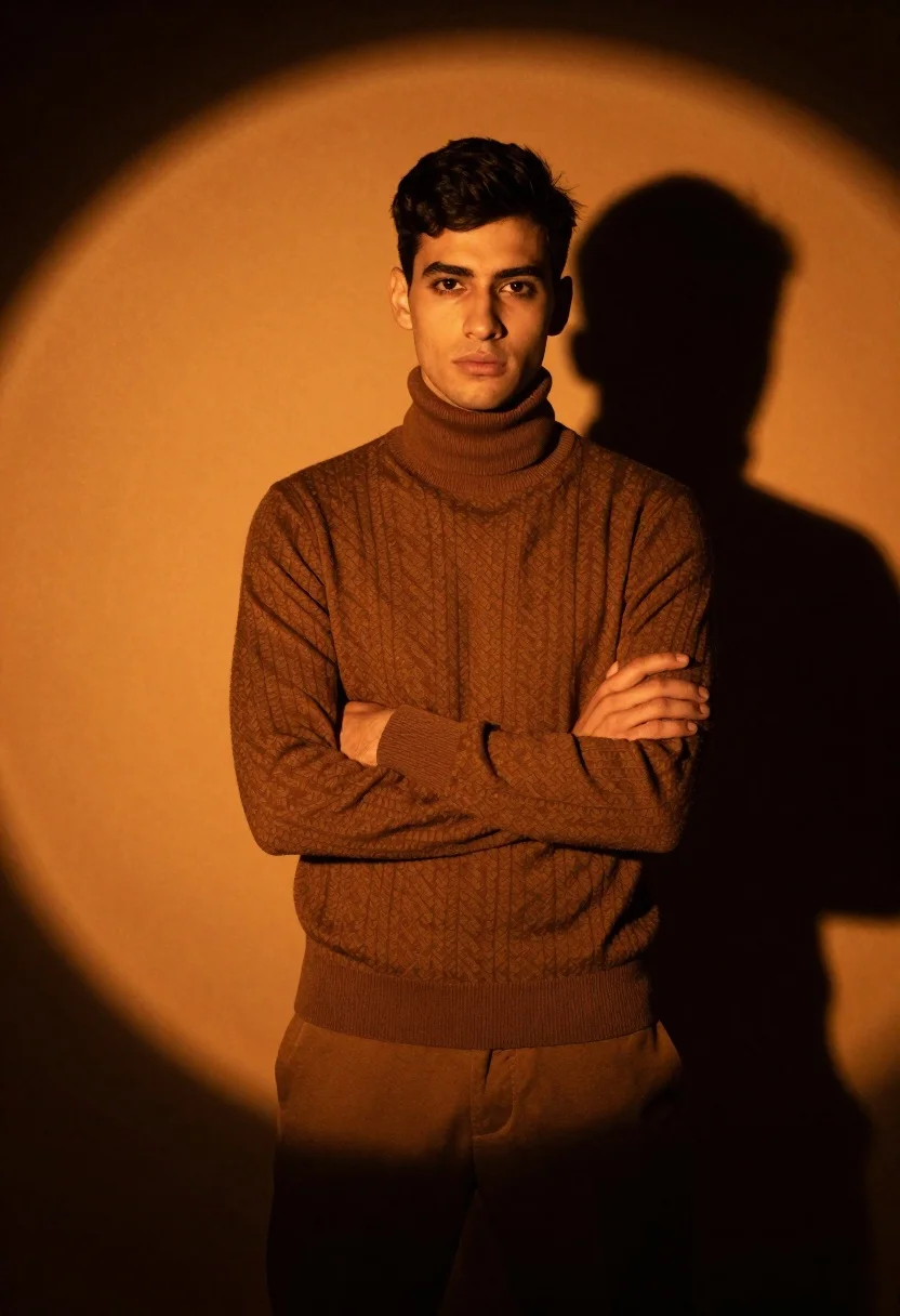 Portrait Young Man With Short Dark Hair Standing Front Orange reference photo