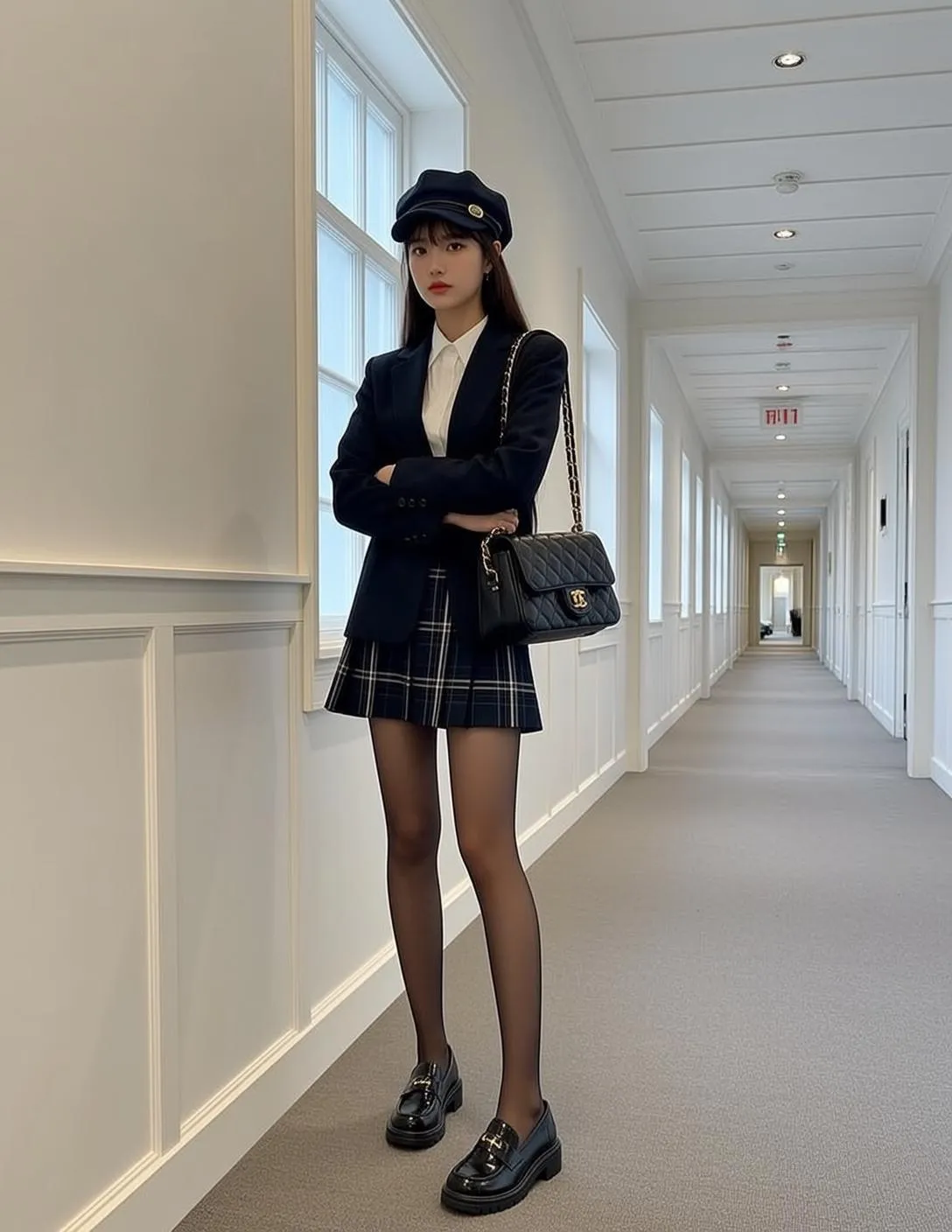 Plaid Skirt Navy Beret Hallway
