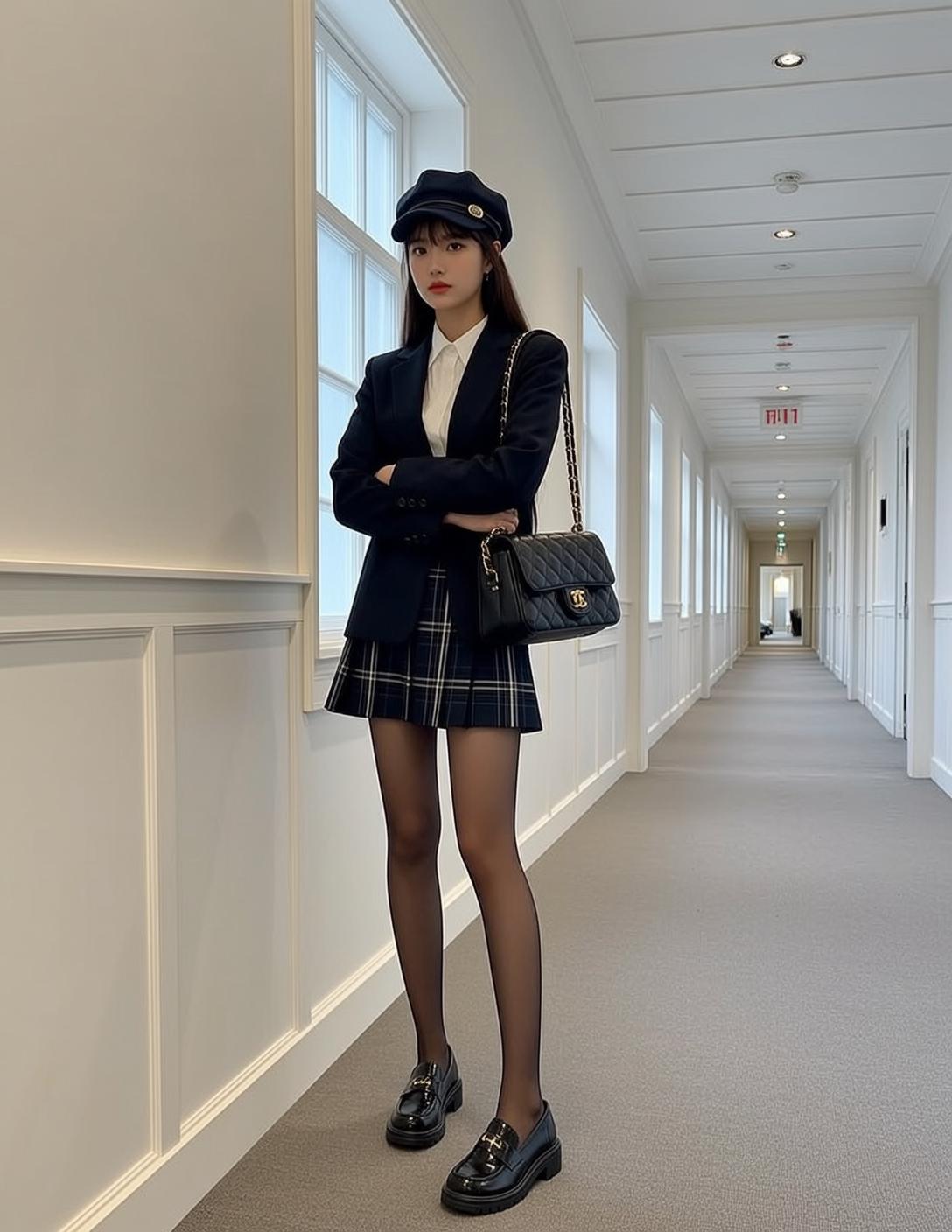 Plaid Skirt Navy Beret Hallway
