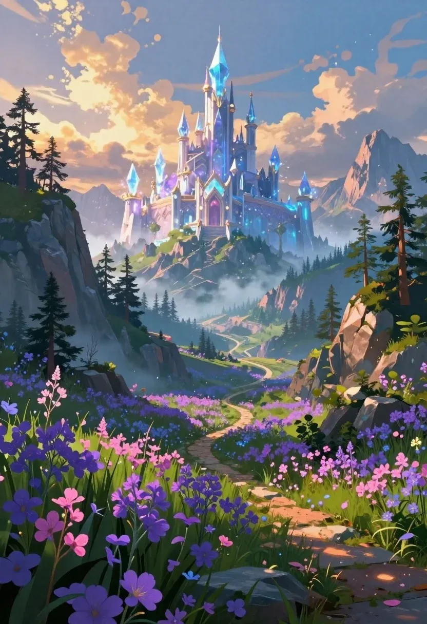 Vibrant Fantasy Landscape Featuring Majestic Crystalline Castle Perched Atop Distant