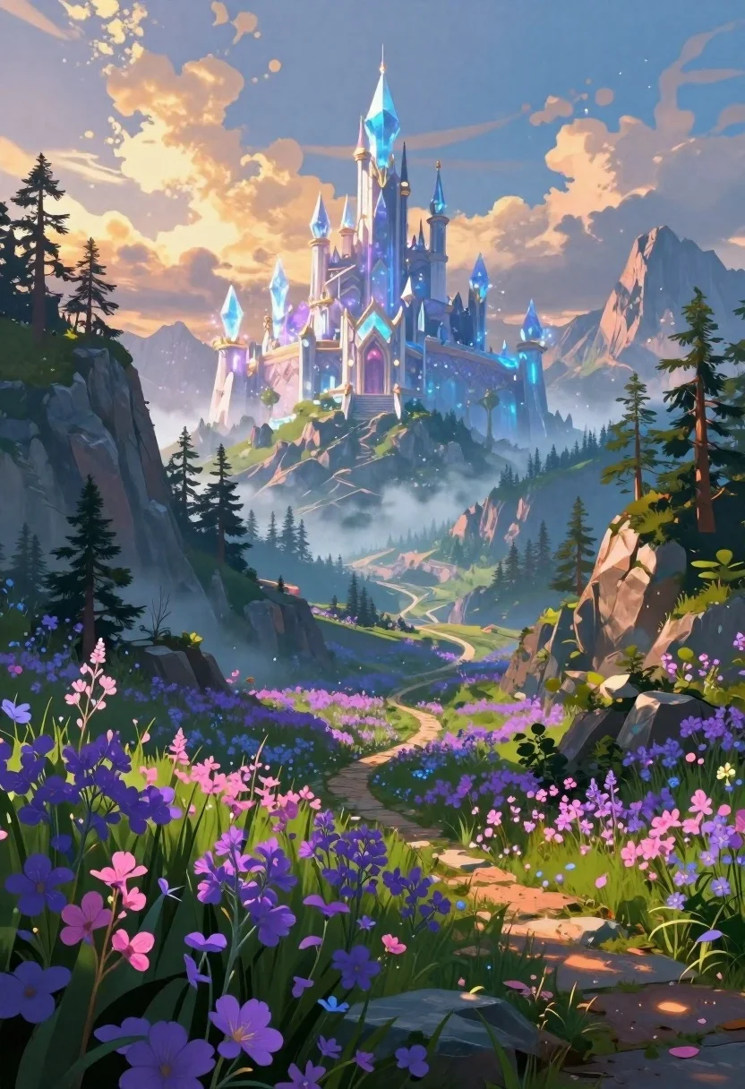 Vibrant Fantasy Landscape Featuring Majestic Crystalline Castle Perched Atop Distant reference photo