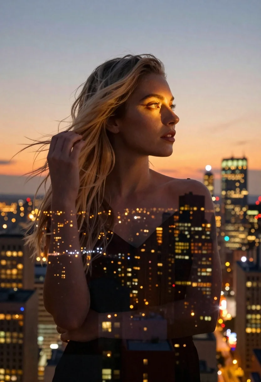 Cinematic Double-exposure Portrait Blending Woman With Sprawling Cityscape Twilight Subject reference photo