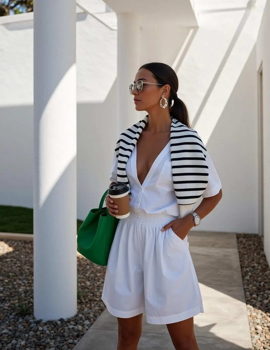 Sunglasses And Wristwatch With A White Outfit By Modern Architecture