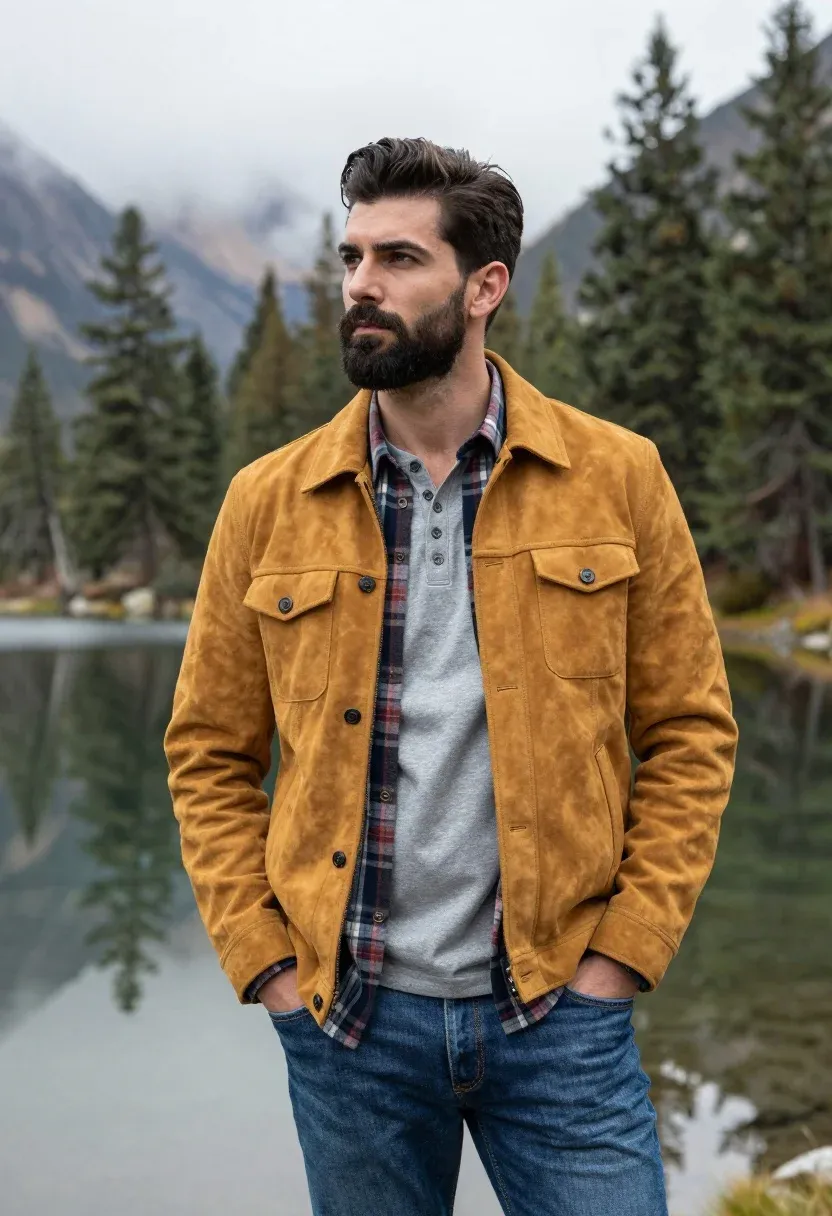 Handsome Man With Dark Hair And Beard Stands Serene Mountain