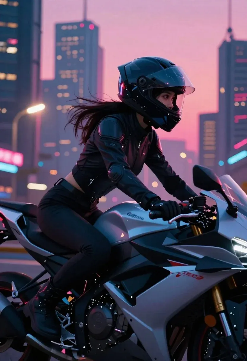 Futuristic Female Biker Riding Motorcycle Through Neon-lit Cityscape Twilight Subject