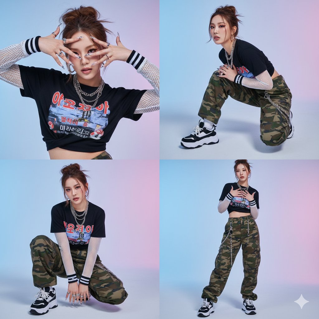Female model showcasing edgy streetwear in a dynamic pose with stylish outfit details.