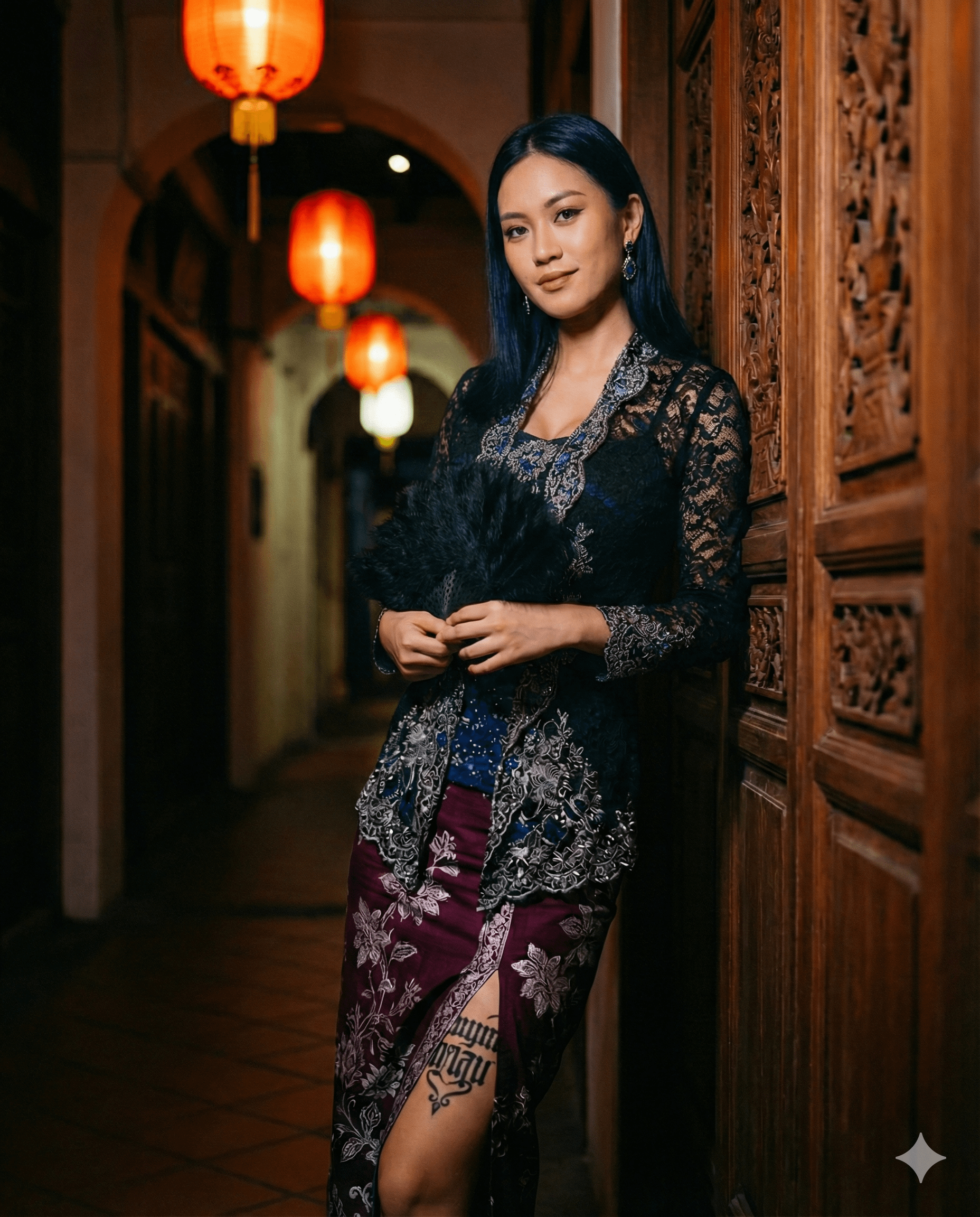 Kebaya Sarong Dimly Lit Corridor Feathered Fan Tattoo