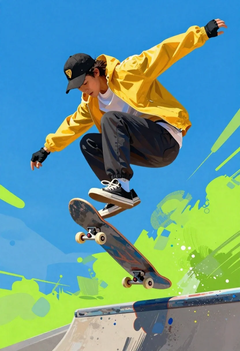 Digital Painting Skateboarder Mid-air Performing Trick Against Vibrant Abstract Background reference photo