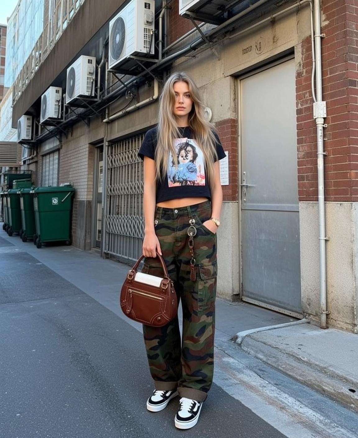 Blonde Woman Urban Alleyway Black Graphic Tee Camo Pants