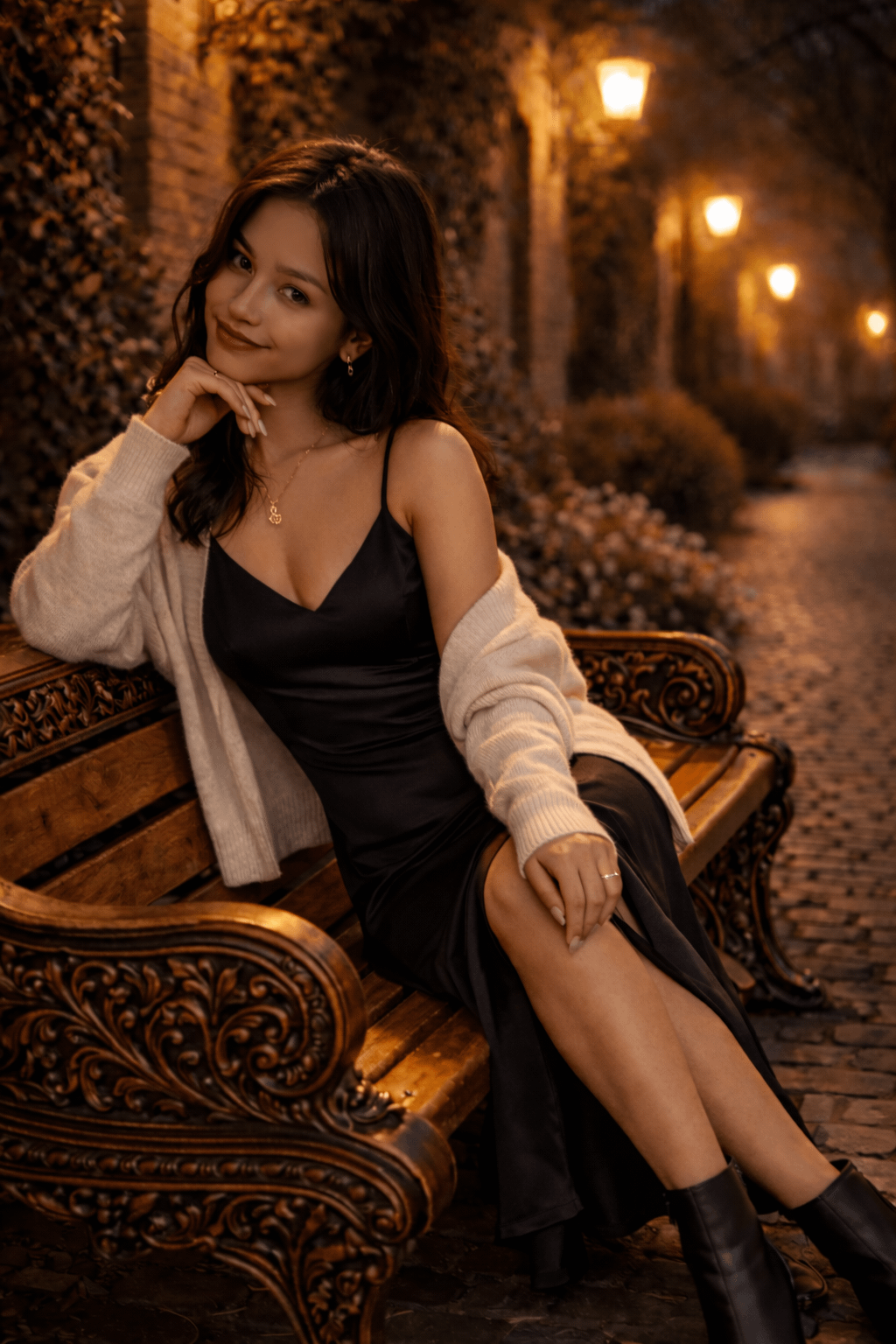 Night Park Bench Black Satin Dress Warm Lighting