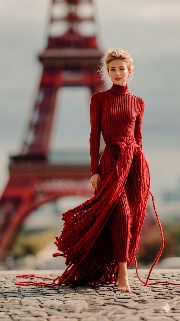 A woman in a striped red knit dress stands before a surreal Eiffel Tower wrapped in vibrant, soft red yarn, under vintage lighting.