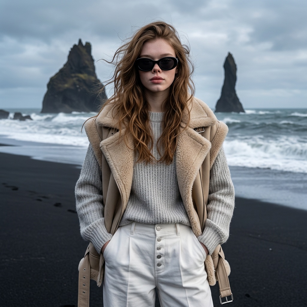 Black Sand Beach Fashion Portrait Shearling Vest
